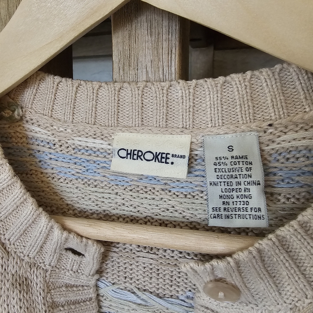 Vintage 90's Cottagecore Granny Cardigan Tan Sage Blue Crochet Floral Embroidery - Picture 6 of 9